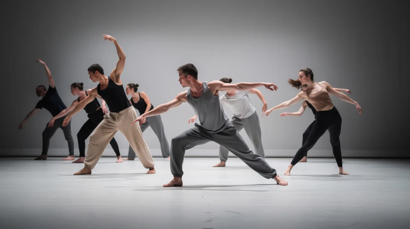 A group of modern dancers, dressed in simple rehearsal clothing, perform contemporary movement on a minimalist stage, showcasing their artistic expression and technical precision. The scene highlights the fluidity and emotional depth characteristic of modern dance, distinct from classical ballet techniques.