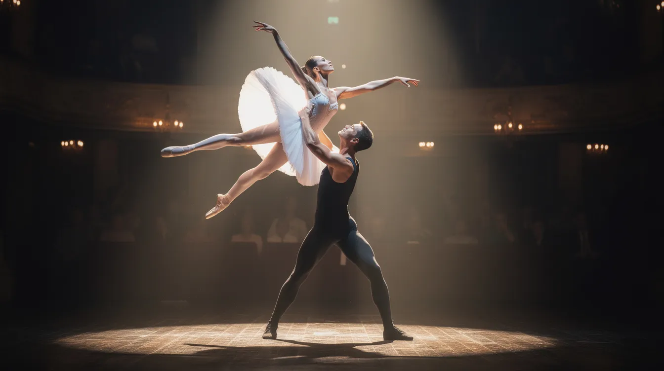 A male and female principal dancer from the Pennsylvania Ballet are captured in mid-lift during a dramatic pas de deux, showcasing the grace and strength typical of classical ballet performances. The image highlights the artistry of dance in a striking moment filled with emotion, set against a backdrop that evokes the vibrant atmosphere of Center City Philadelphia.