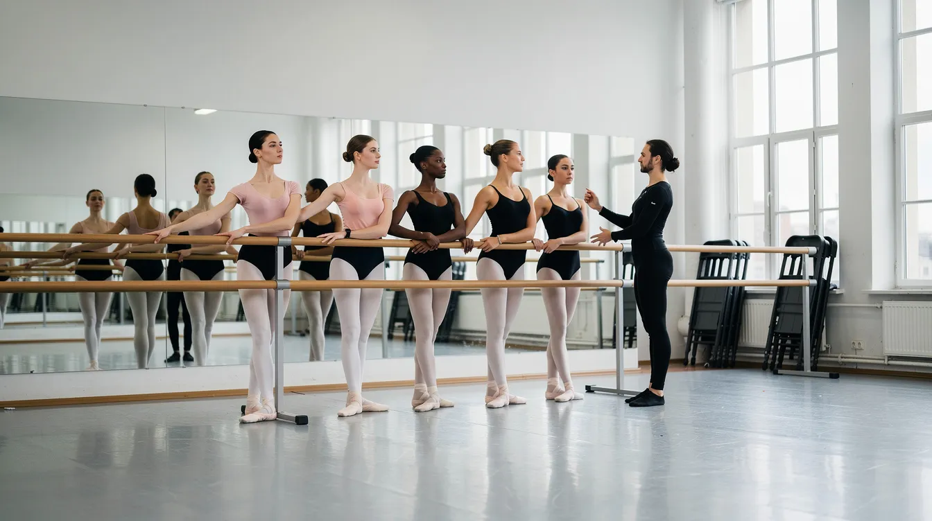 The image depicts ballet dancers at the barre in a professional studio, practicing classical ballet technique during a training class. The female dancers are focused on their posture and arm movements, embodying the grace and precision characteristic of various ballet styles, including neoclassical and romantic ballet.