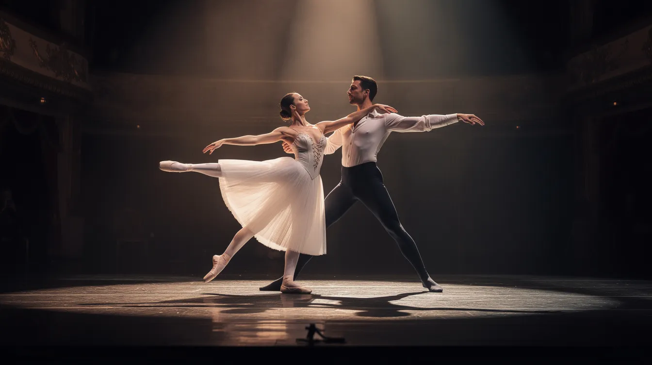 A pair of ballet dancers gracefully perform a pas de deux on a grand stage, illuminated by dramatic lighting that enhances their elegance. This captivating scene showcases the artistry and skill of classical ballet, reminiscent of performances by the Pennsylvania Ballet in the heart of Philadelphia.
