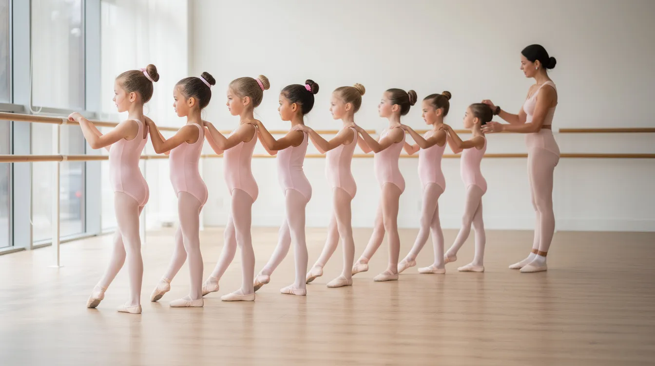 A group of young ballet students in pink leotards practice at a barre in a bright studio, showcasing their dedication to classical ballet. The vibrant setting reflects the joy and energy of dance, as these aspiring dancers work on their technique and form.