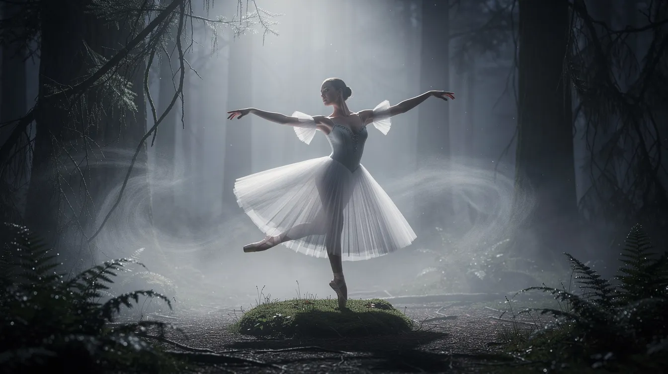 A ballerina dressed in a flowing white romantic tutu gracefully dances in a misty moonlit forest, embodying the elegance of classical ballet. The scene captures the ethereal beauty of ballet performance, blending elements of romantic ballet with the enchanting atmosphere of nature.