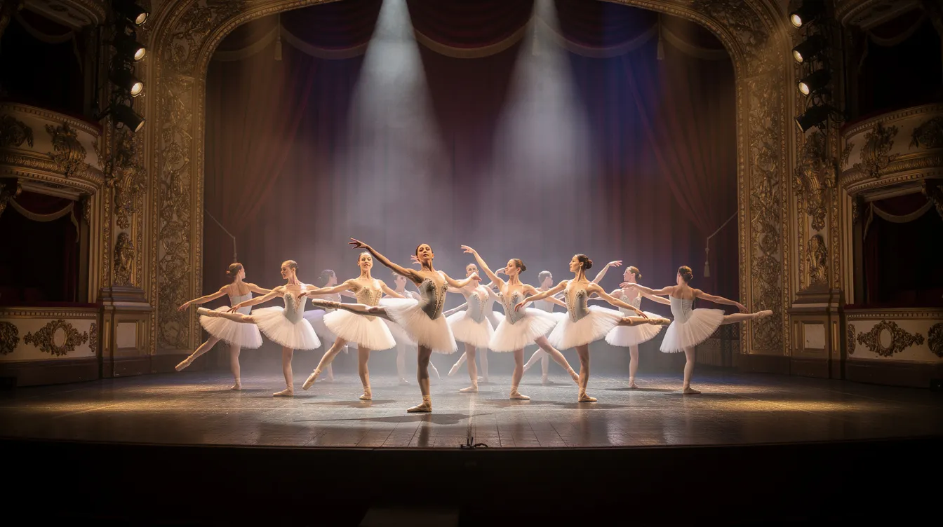 A group of classical ballet dancers, including a principal dancer and a prima ballerina, perform gracefully on an ornate European theatre stage, illuminated by dramatic lighting. The scene captures the elegance of the corps de ballet, reminiscent of productions from renowned companies like the Bolshoi Ballet and the Royal Ballet.
