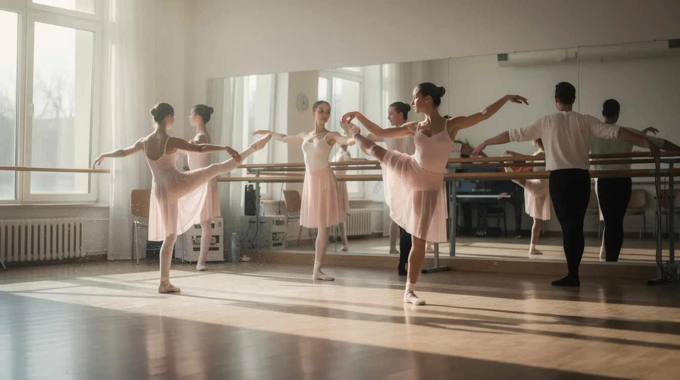 In a light-filled studio, ballet dancers are engaged in rehearsal, showcasing classical positions as they refine their skills. The scene captures the dedication of the corps de ballet, emphasizing the grace and discipline essential to their craft within the world of European ballet.
