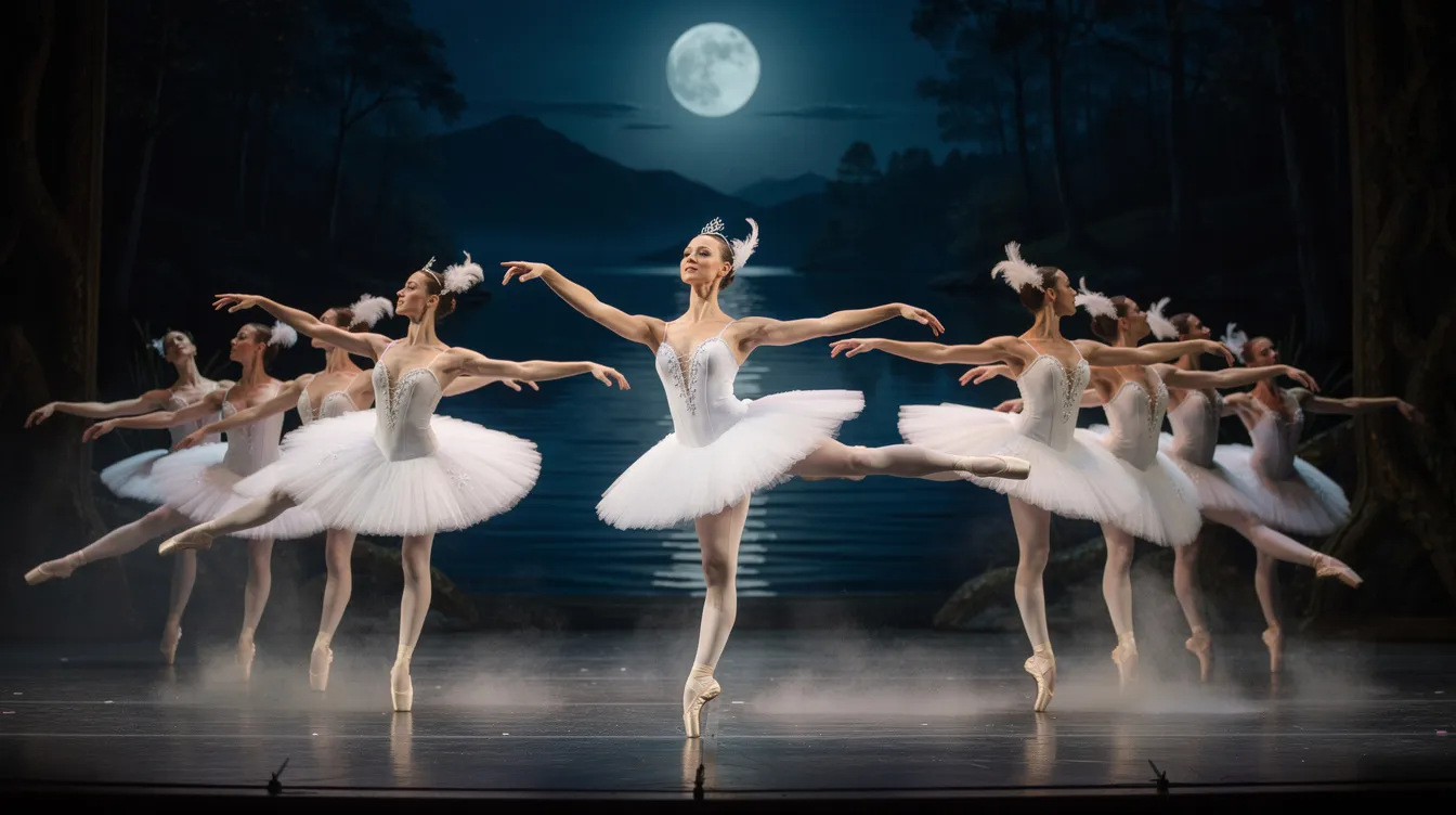 A group of ballet dancers in elegant white tutus gracefully perform the iconic lakeside scene from Swan Lake, showcasing the beauty of classical ballet. The principal dancer leads the corps de ballet, embodying the enchanting spirit of this timeless piece, reminiscent of performances by renowned companies like the Bolshoi Ballet and the Royal Ballet.