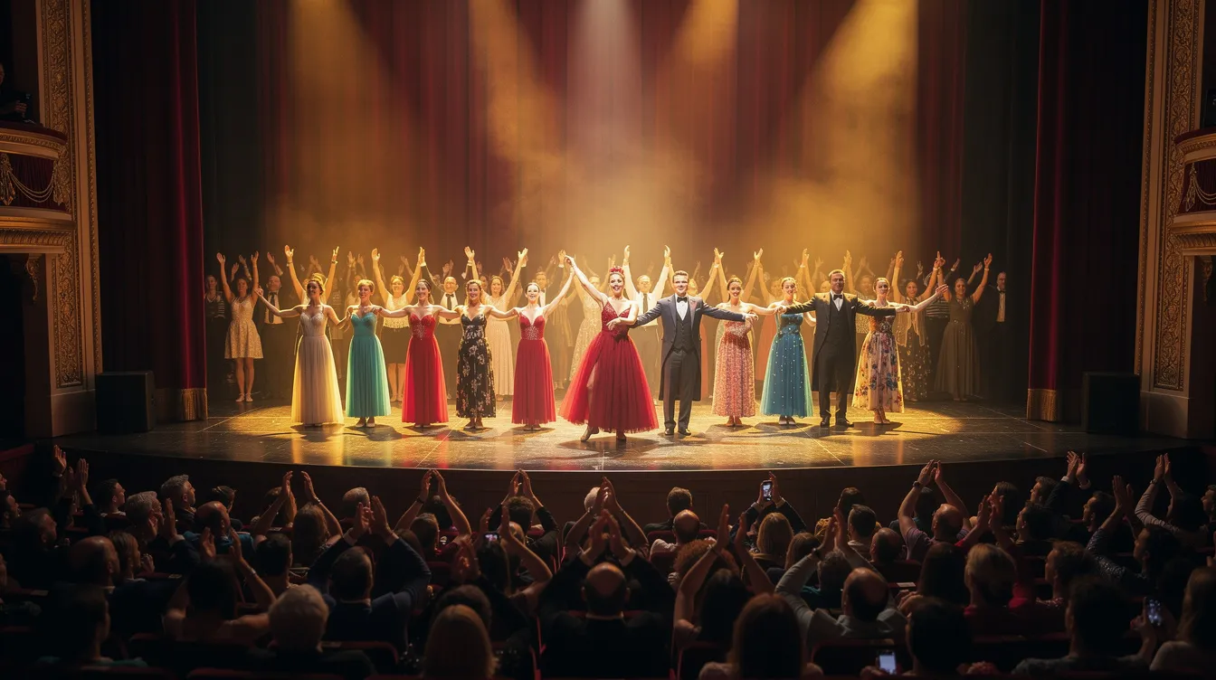 An audience enthusiastically applauds at a ballet theatre as the principal dancers and corps de ballet take their final bows on stage, celebrating a stunning performance. The atmosphere is filled with appreciation for the artistry of the dancers, reminiscent of the grandeur of the Bolshoi Ballet in Moscow or the Royal Ballet in London.