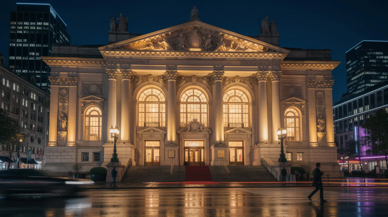 The image shows the exterior of a grand historic concert hall in Center City Philadelphia, beautifully illuminated at night, with twinkling city lights in the background. This iconic venue is a hub for the Pennsylvania Ballet, showcasing classical ballet performances and world premieres throughout the season.